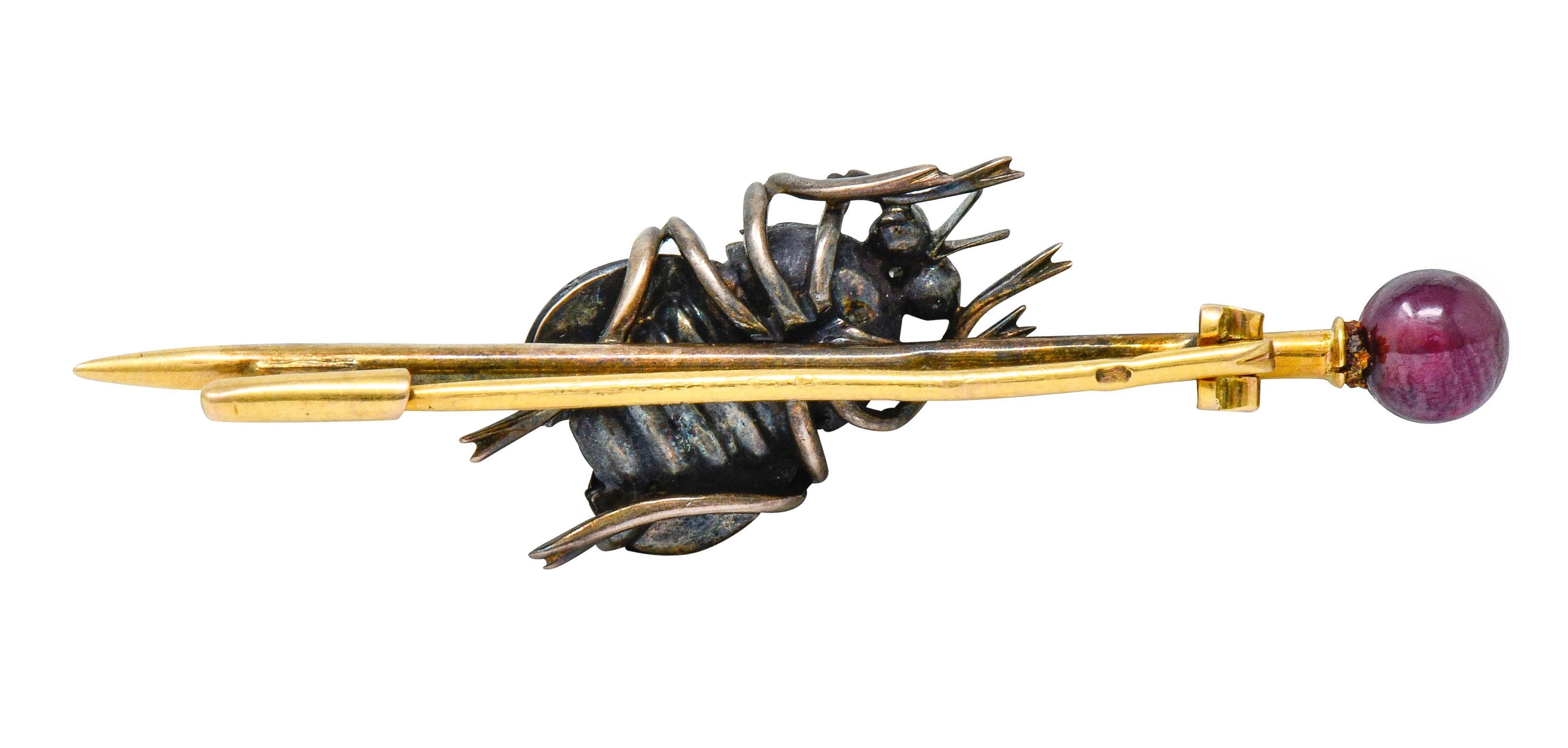 Women's or Men's French Victorian Garnet Pearl Ruby Silver-Topped 18 Karat Gold Beetle Bar Brooch