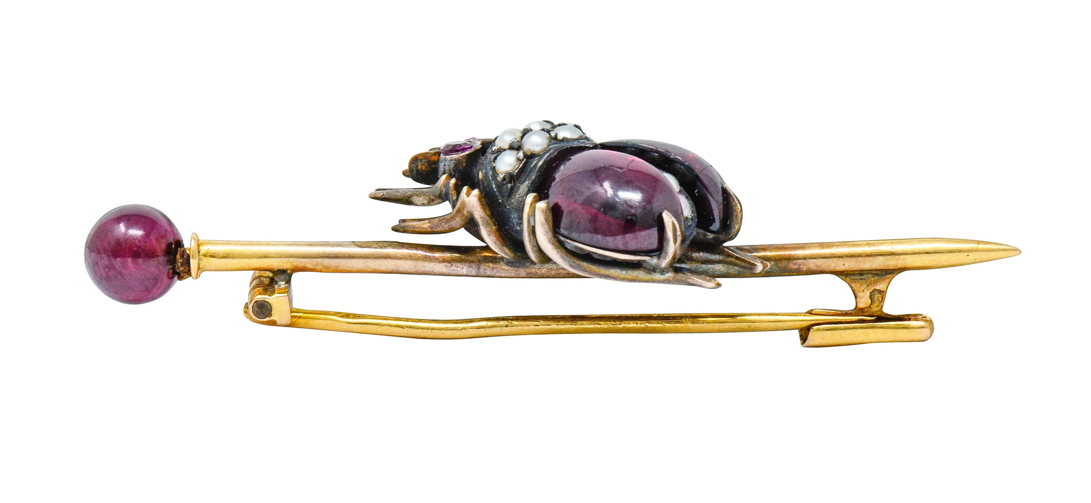 French Victorian Garnet Pearl Ruby Silver-Topped 18 Karat Gold Beetle Bar Brooch 3