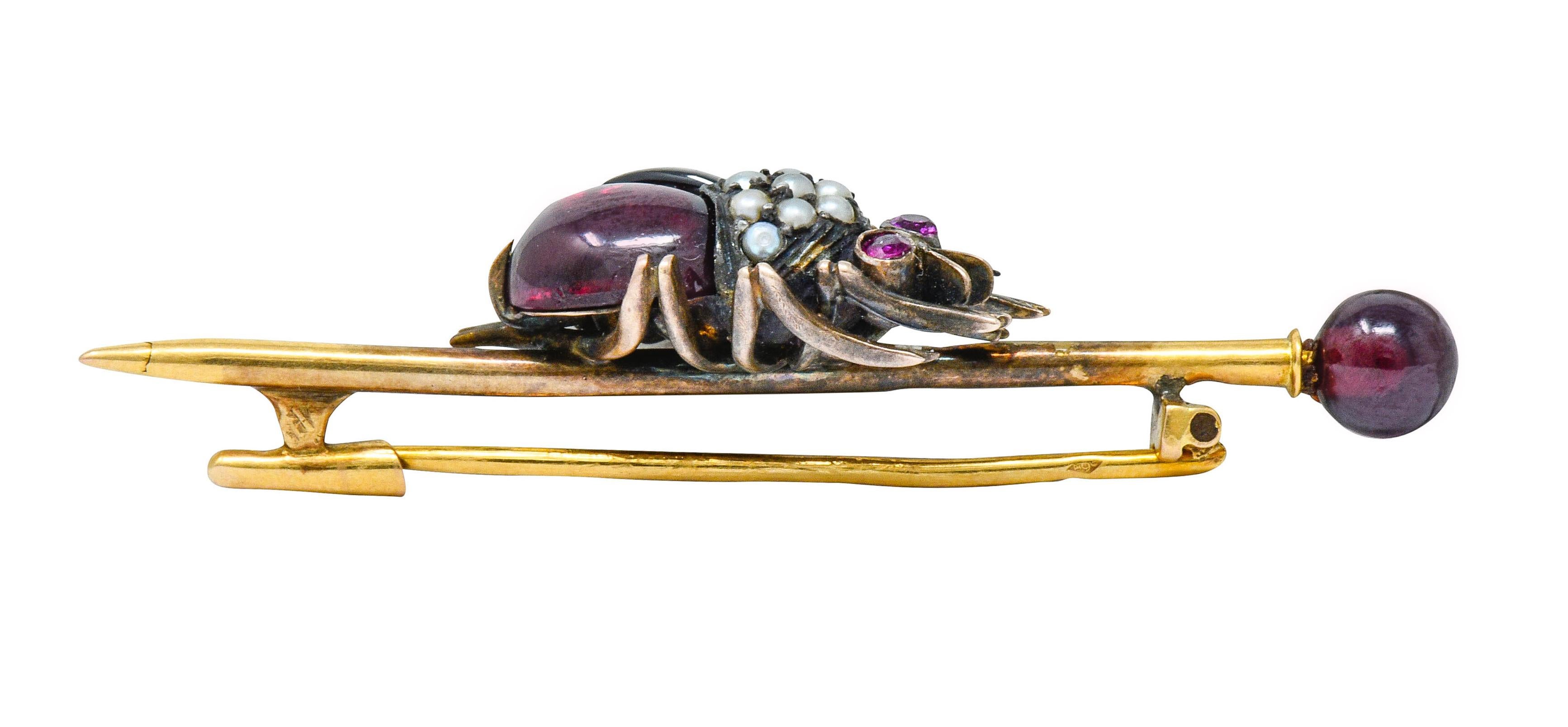 French Victorian Garnet Pearl Ruby Silver-Topped 18 Karat Gold Beetle Bar Brooch 4