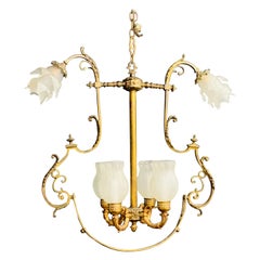 Lustre ou luminaire en bronze de style victorien français avec abat-jour d'origine