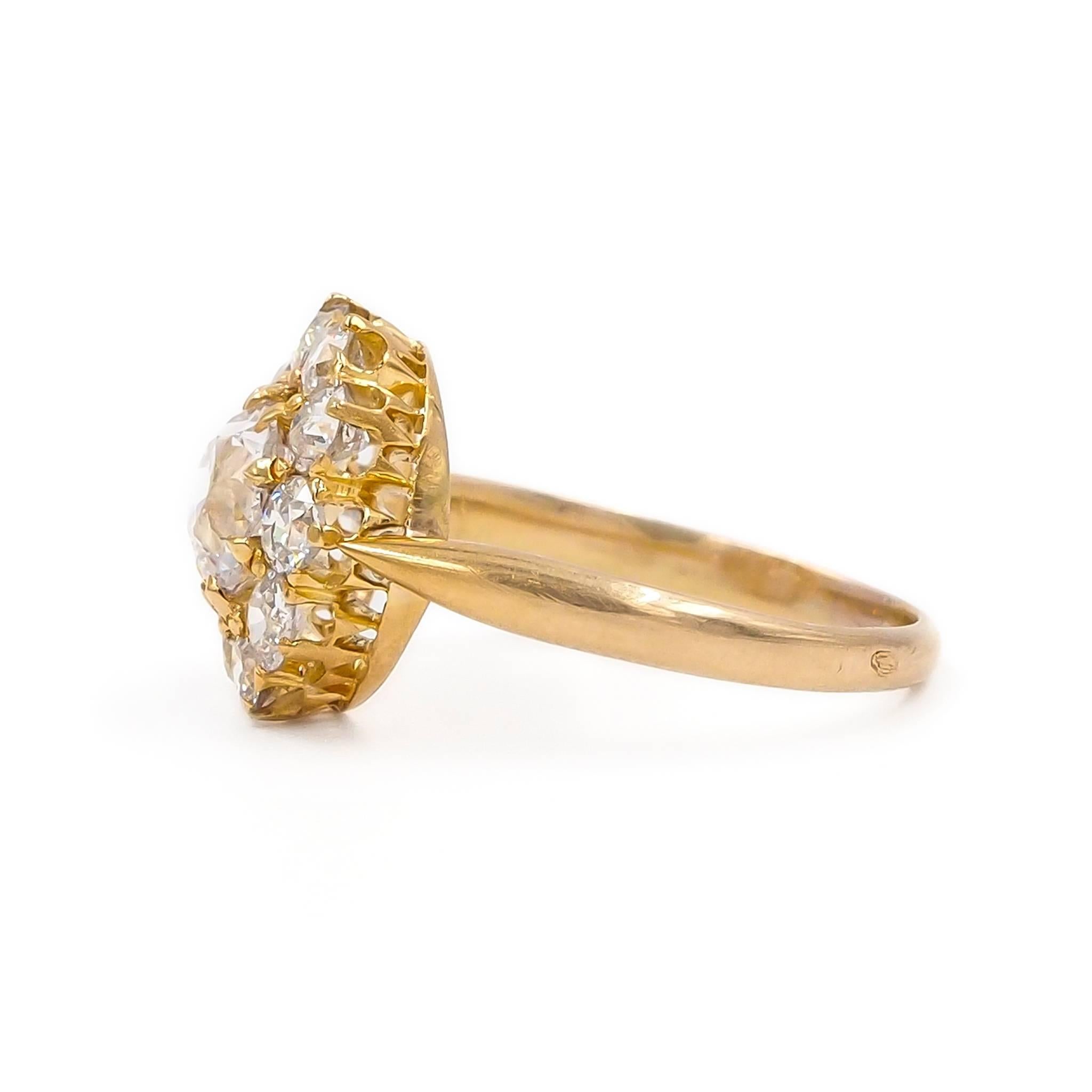 Late Victorian French Victorian GIA Certified 1.26 Carat Old European Cut Diamond Cluster Ring