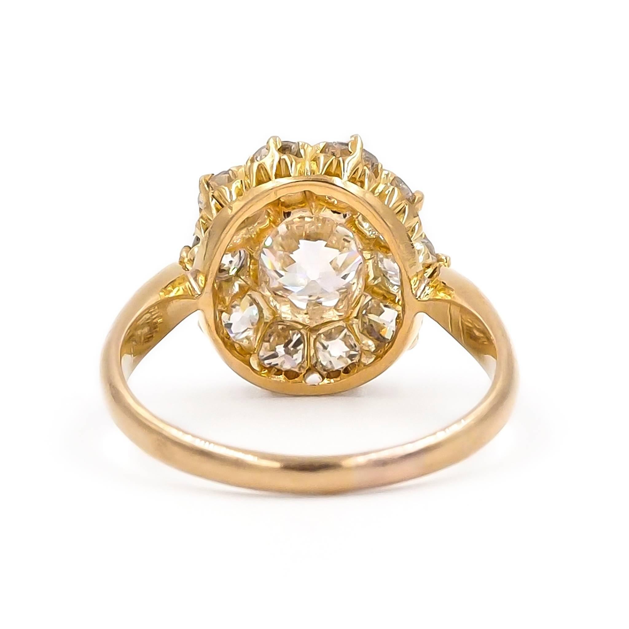 French Victorian GIA Certified 1.26 Carat Old European Cut Diamond Cluster Ring In Good Condition In Los Angeles, CA