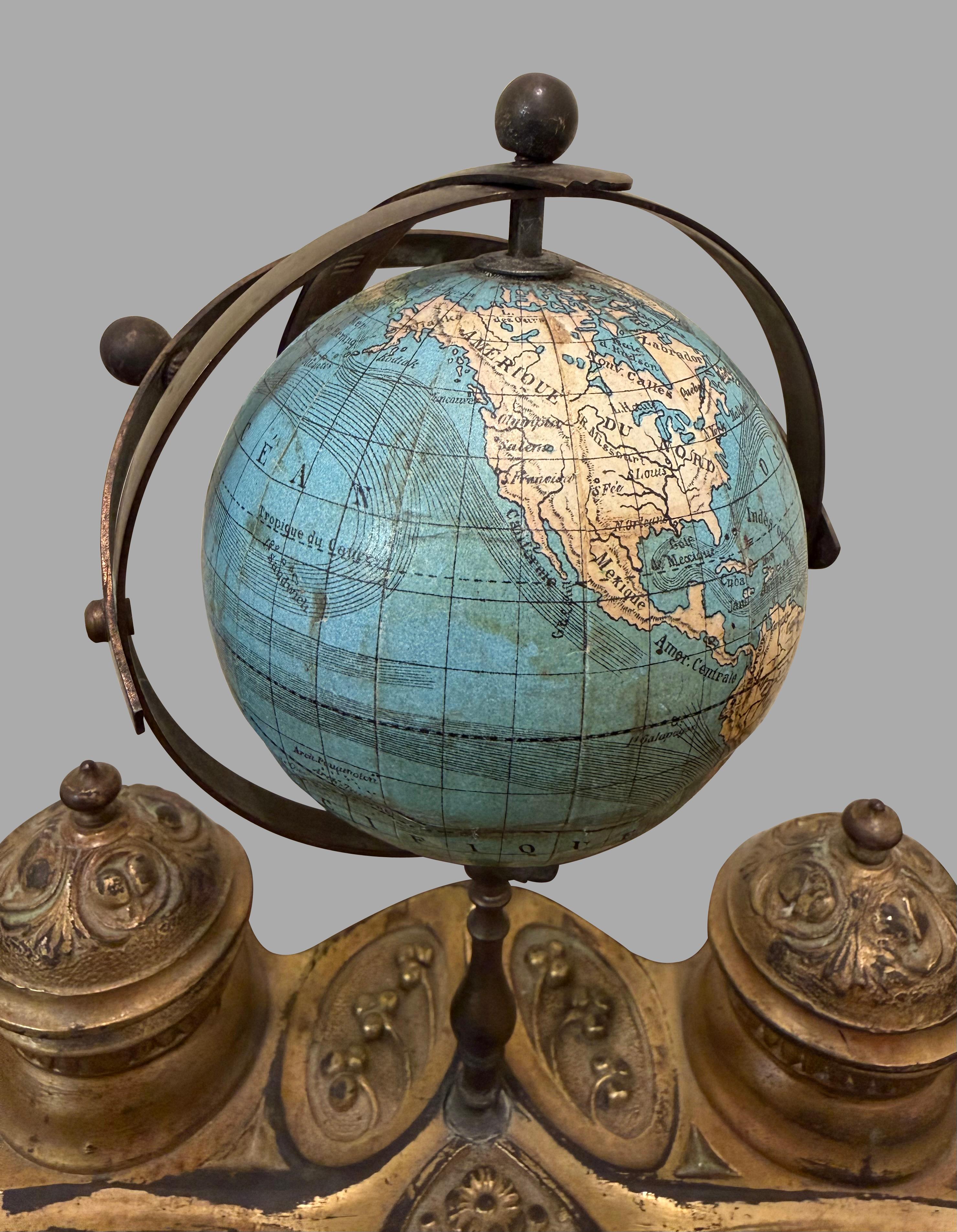 XIX secolo French Victorian Gilt Brass Desk Set with globe in vendita