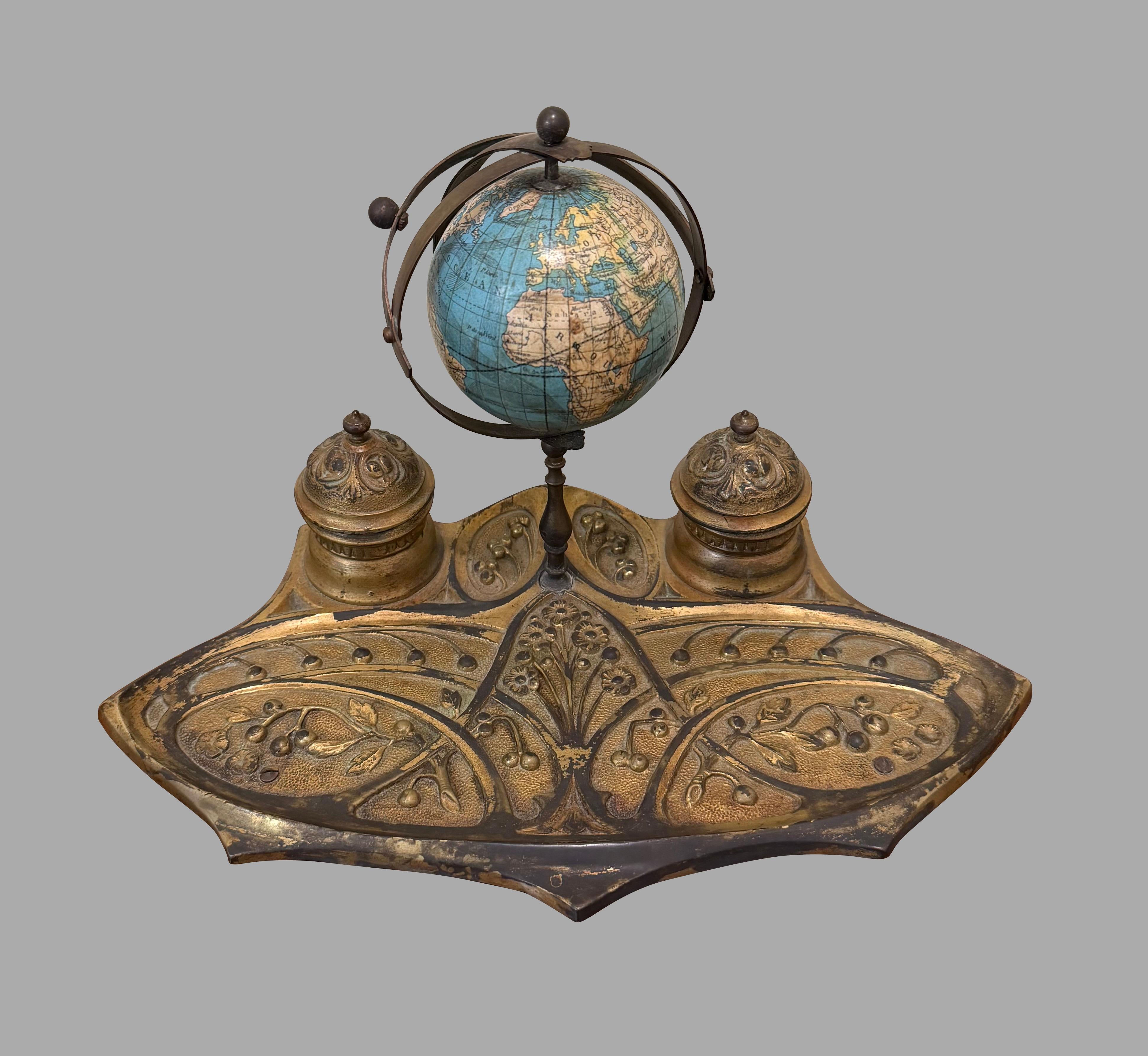 Ottone French Victorian Gilt Brass Desk Set with globe in vendita