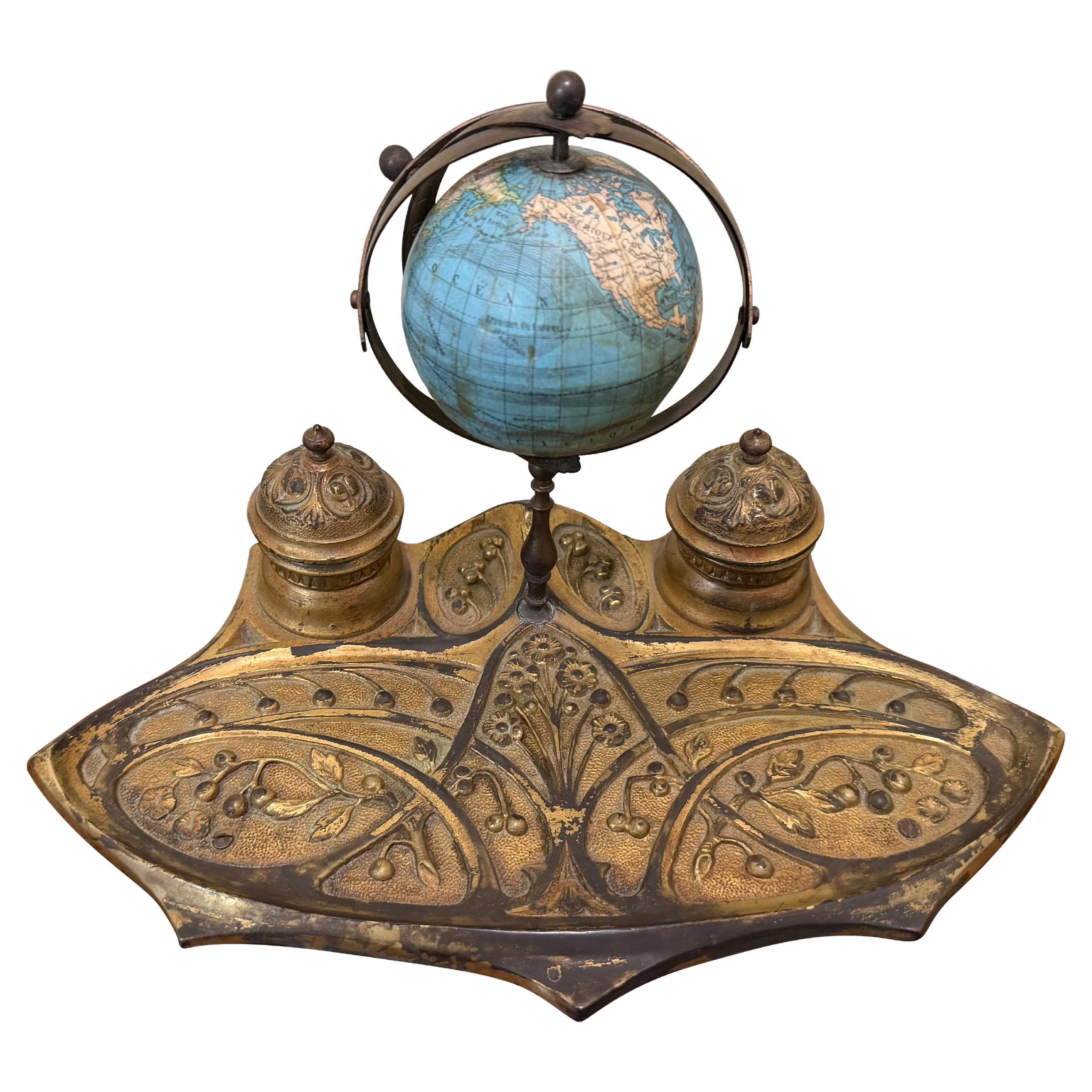 French Victorian Gilt Brass Desk Set with globe