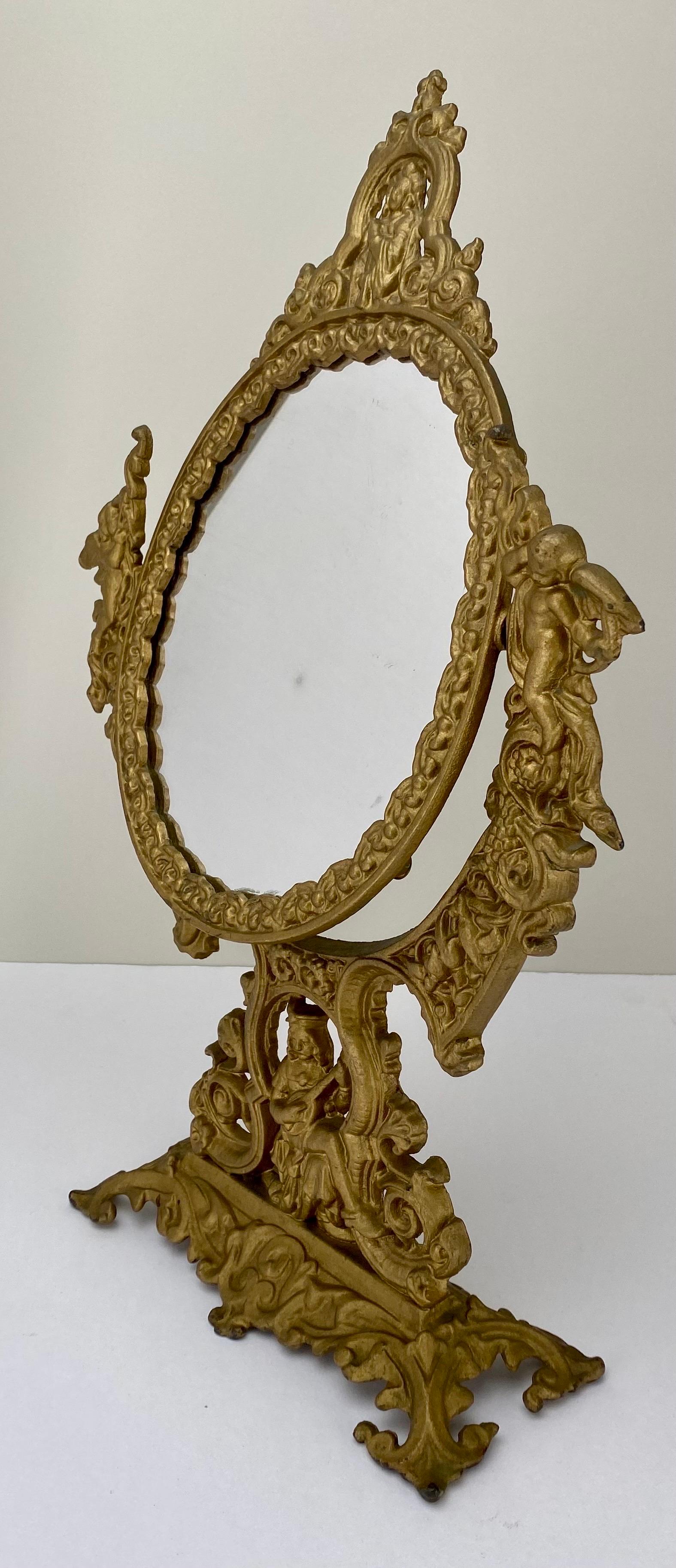 French Victorian Gilt Bronze Vanity Oval Table Mirror with Cherubs  For Sale 7