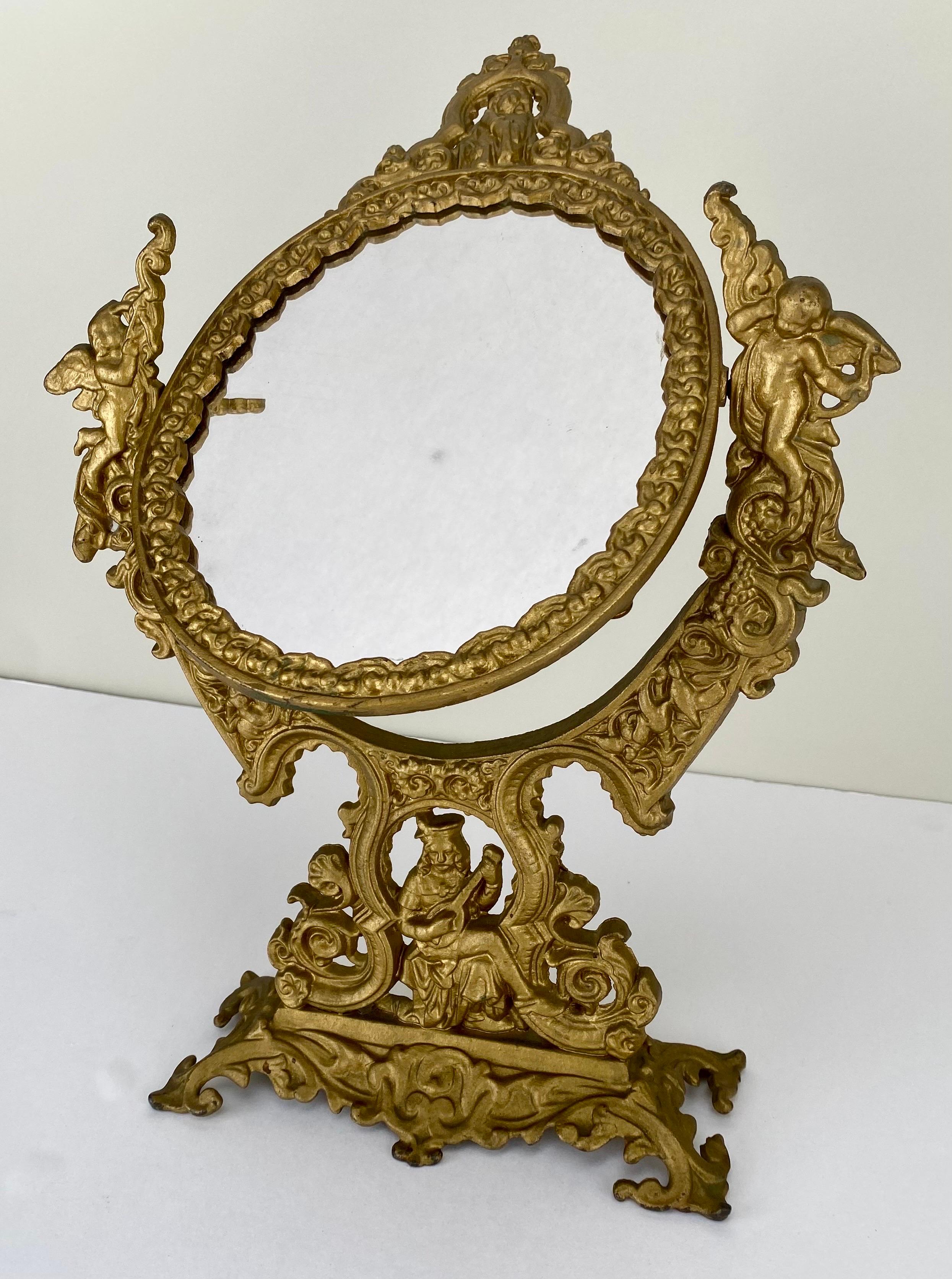 French Victorian Gilt Bronze Vanity Oval Table Mirror with Cherubs  For Sale 2
