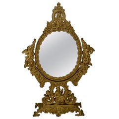 French Victorian Gilt Bronze Vanity Oval Table Mirror with Cherubs