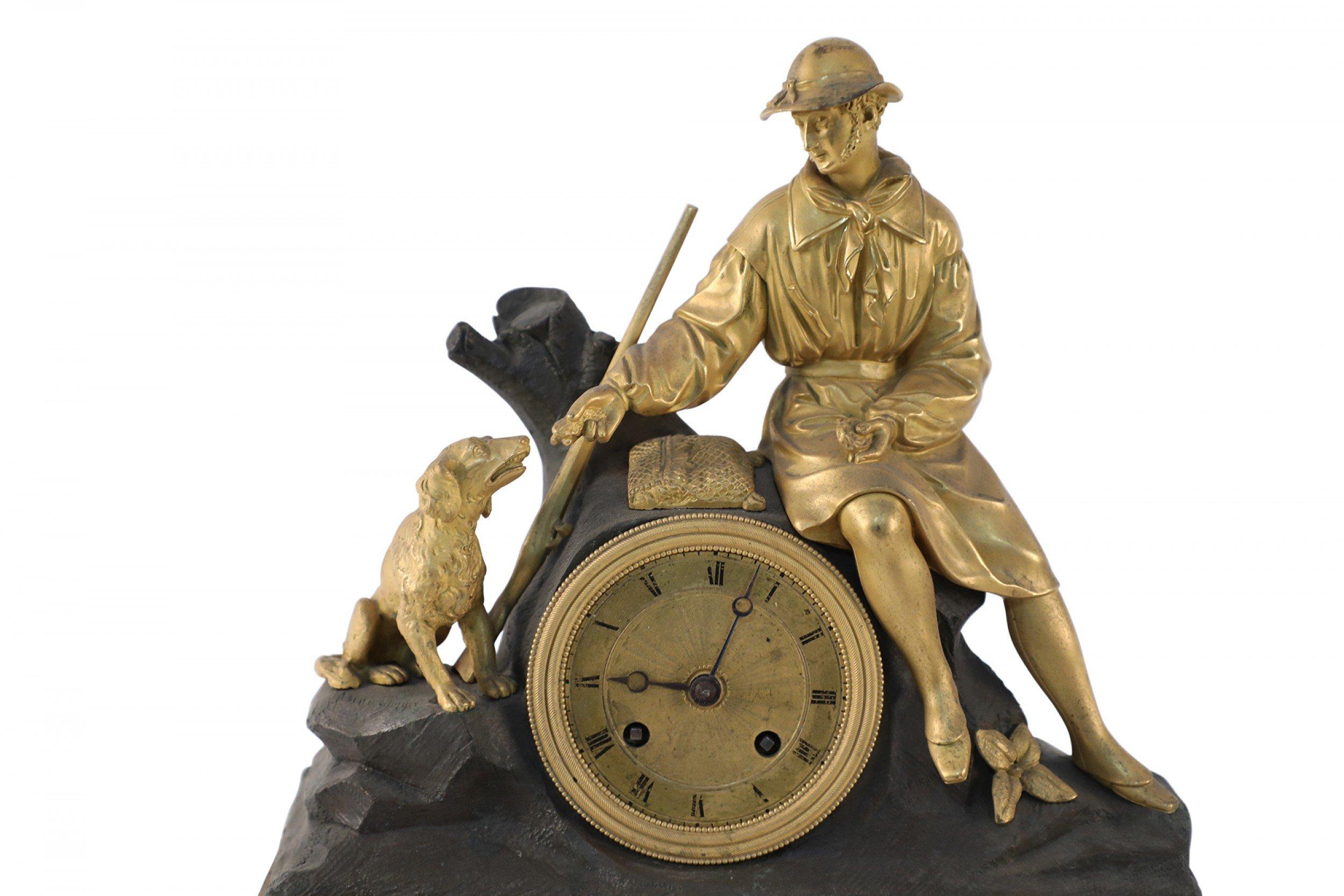 Französische viktorianische Kaminuhr aus vergoldeter Broze für Jäger und Hund im Angebot 4