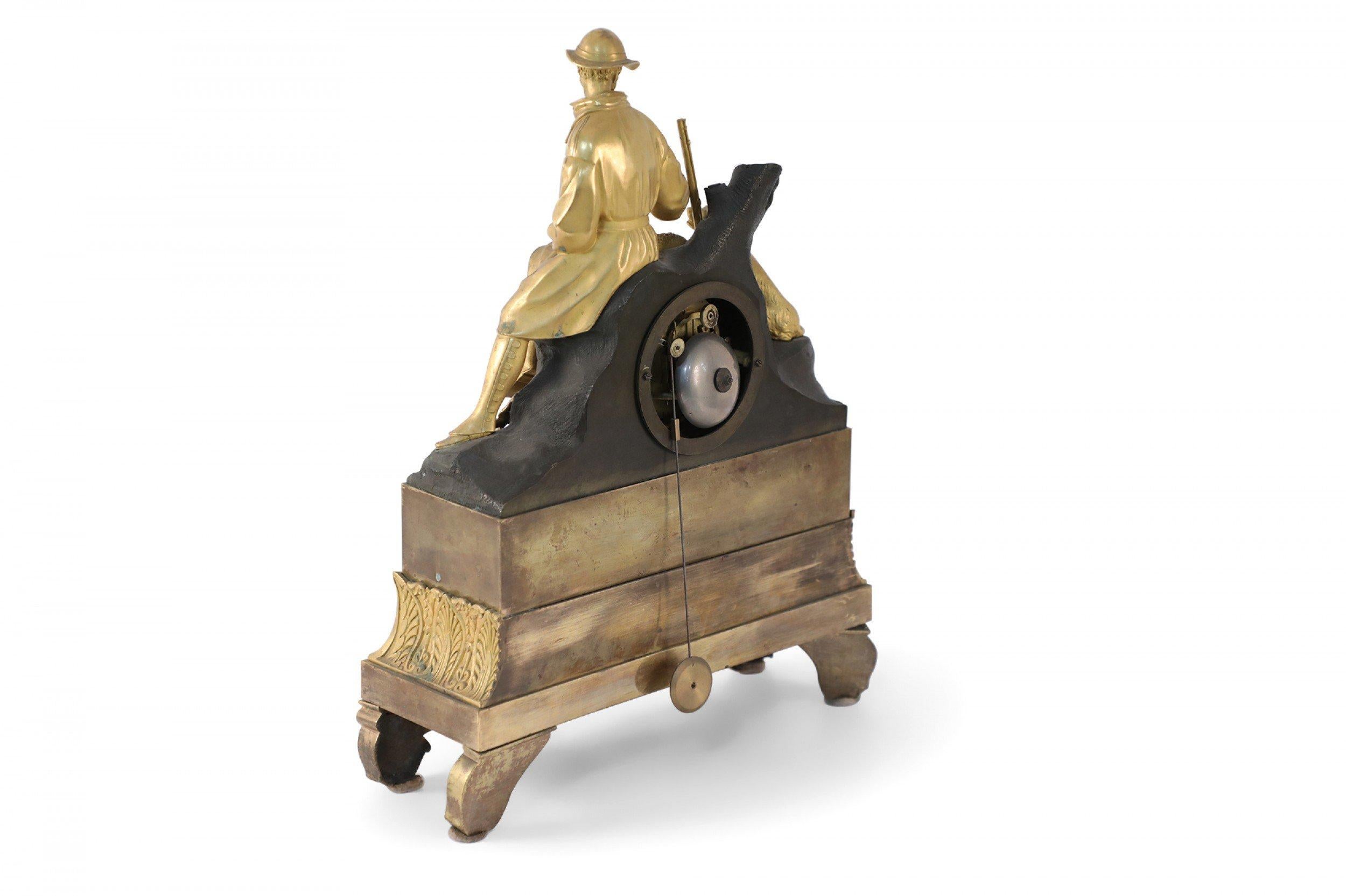 French Victorian Gilt Broze Hunter and Dog Mantel Clock In Good Condition For Sale In Queens, NY