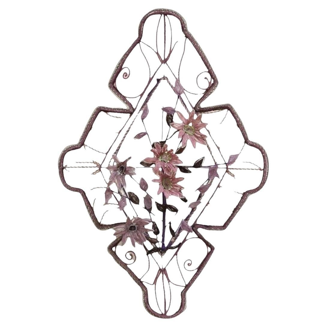 French Victorian Glass Beaded Purple Flower Casket Wreath Wall Art Sculpture (B) For Sale