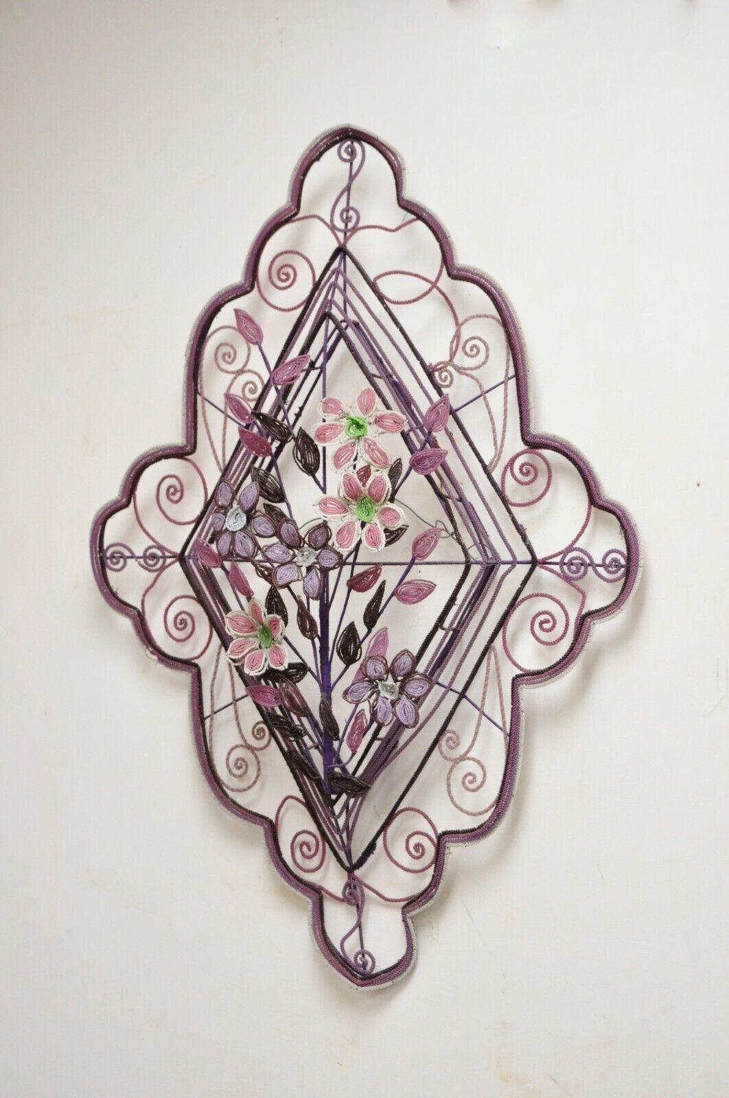 French Victorian Glass Beaded Purple Flower Casket Wreath Wall Sculpture 'a' For Sale 7