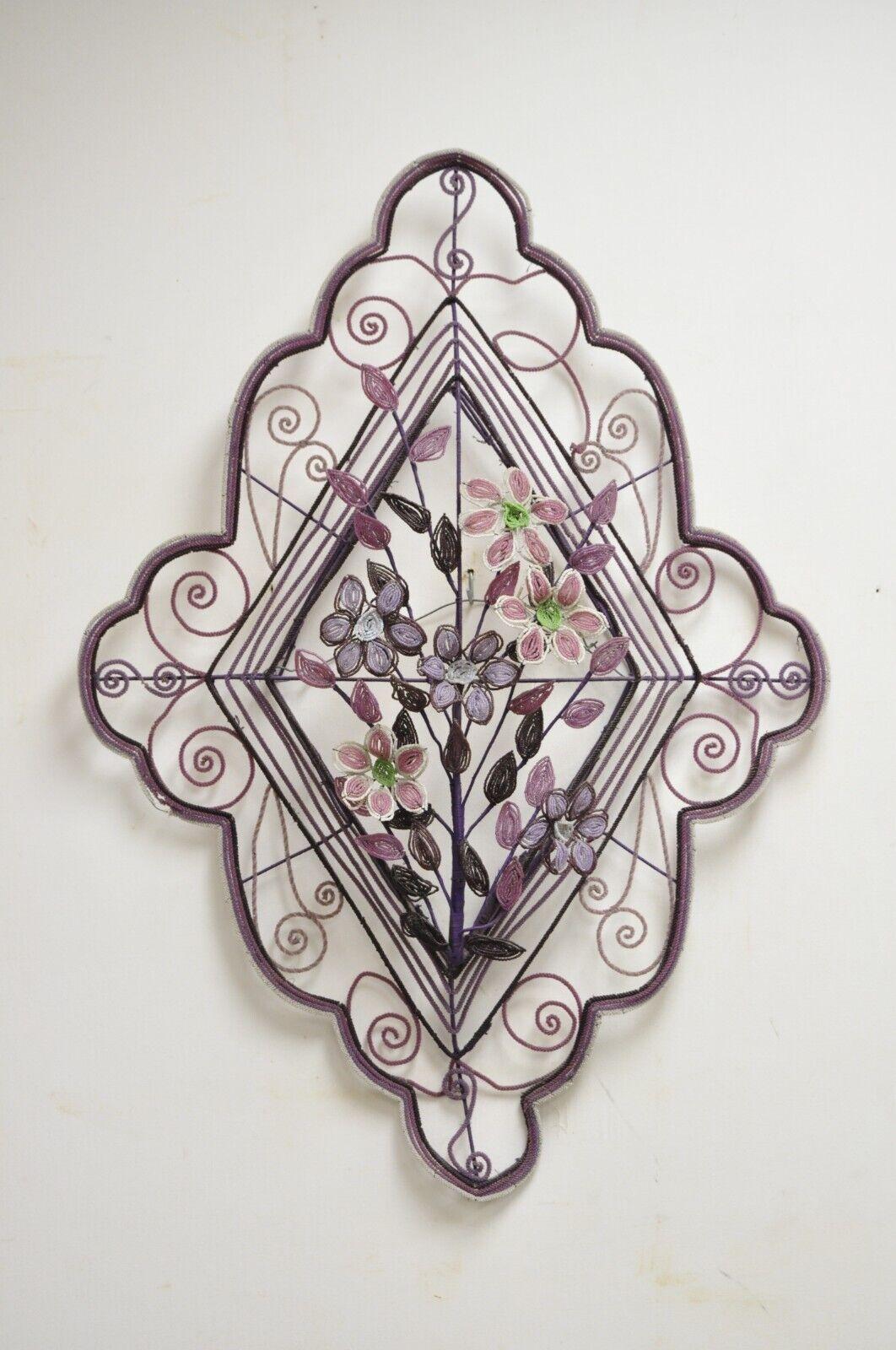French Victorian glass beaded purple flower casket wreath wall sculpture (A). Item featured was Hand beaded in France with glass beads with impressive flower detail, very nice antique item, great style and form. Circa 19th century. Measurements: 38