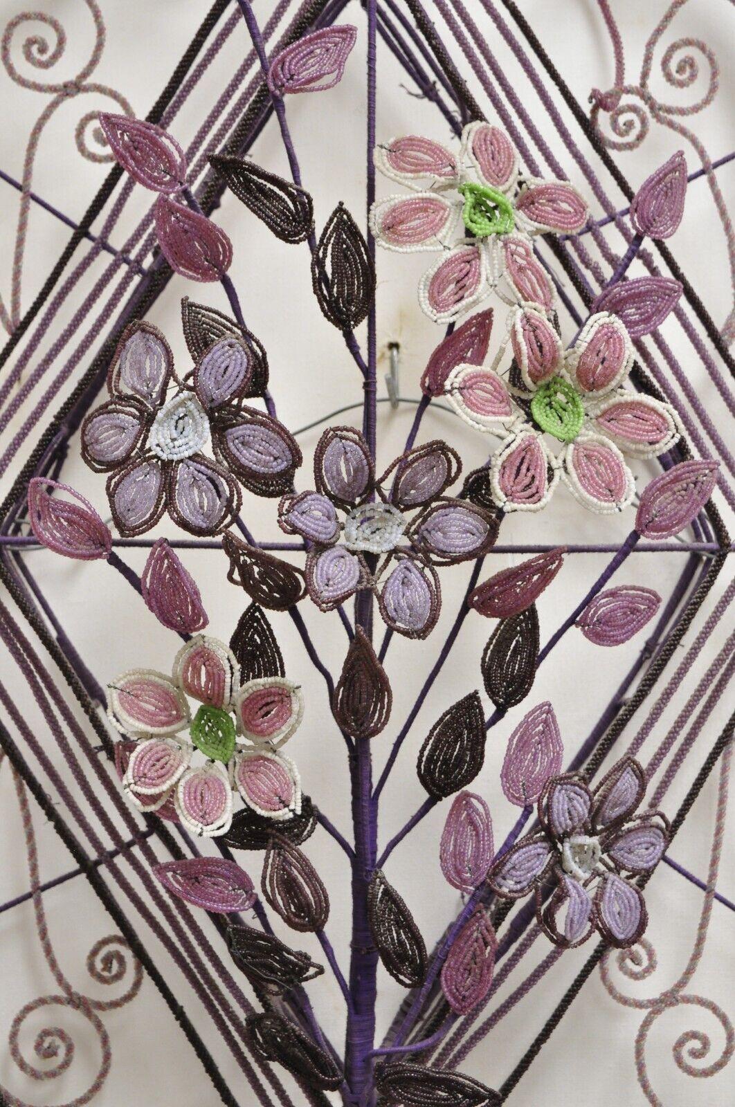 French Victorian Glass Beaded Purple Flower Casket Wreath Wall Sculpture 'a' In Good Condition For Sale In Philadelphia, PA