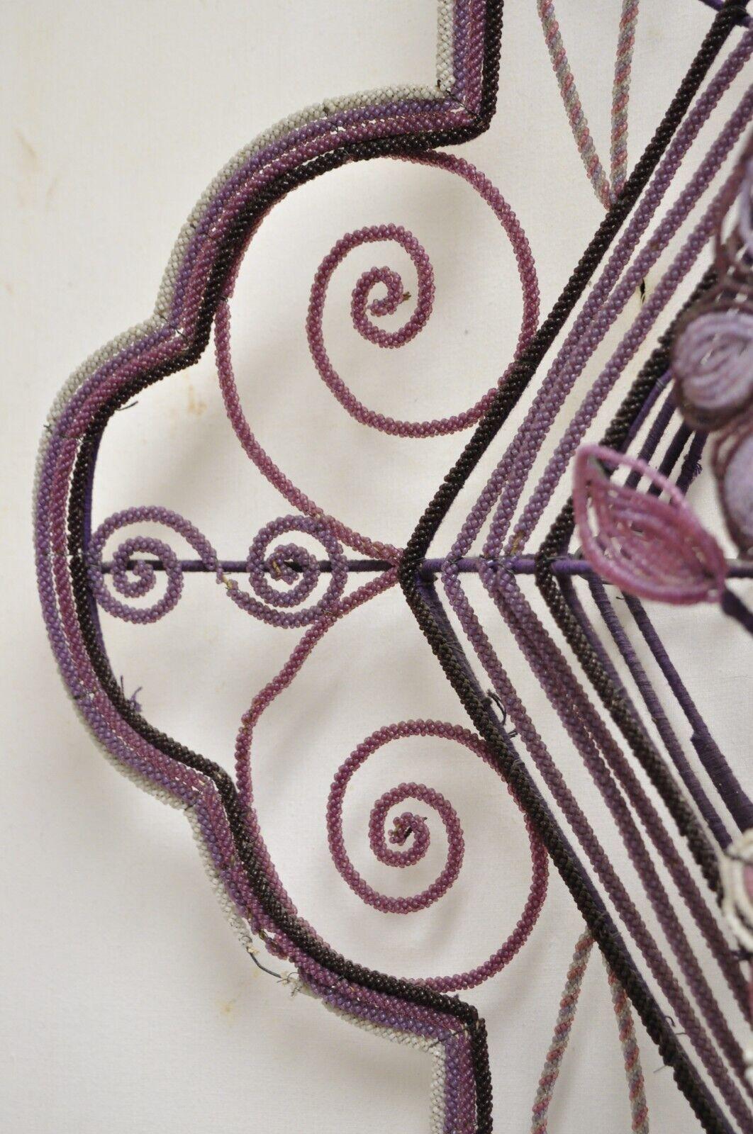 Metal French Victorian Glass Beaded Purple Flower Casket Wreath Wall Sculpture 'a' For Sale