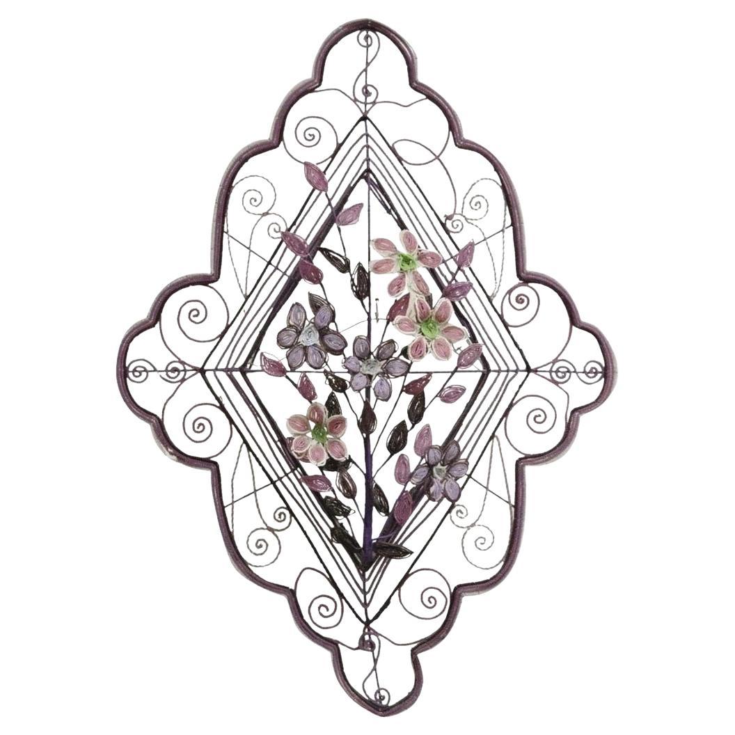 French Victorian Glass Beaded Purple Flower Casket Wreath Wall Sculpture (A) For Sale