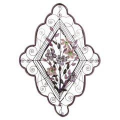 French Victorian Glass Beaded Purple Flower Casket Wreath Wall Sculpture (A)