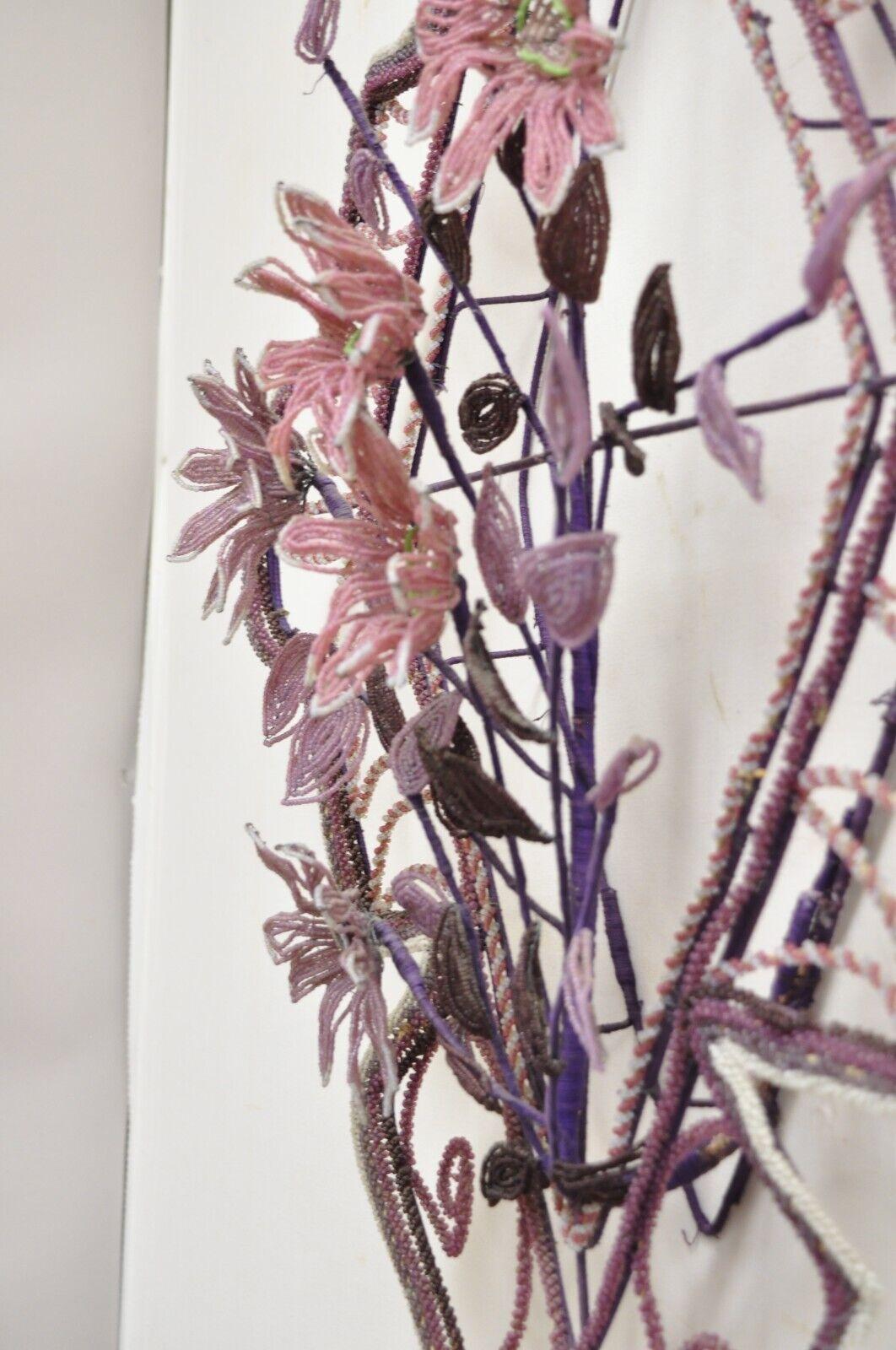 French Victorian Glass Beaded Purple Flower Casket Wreath Wall Sculpture 'B' For Sale 7
