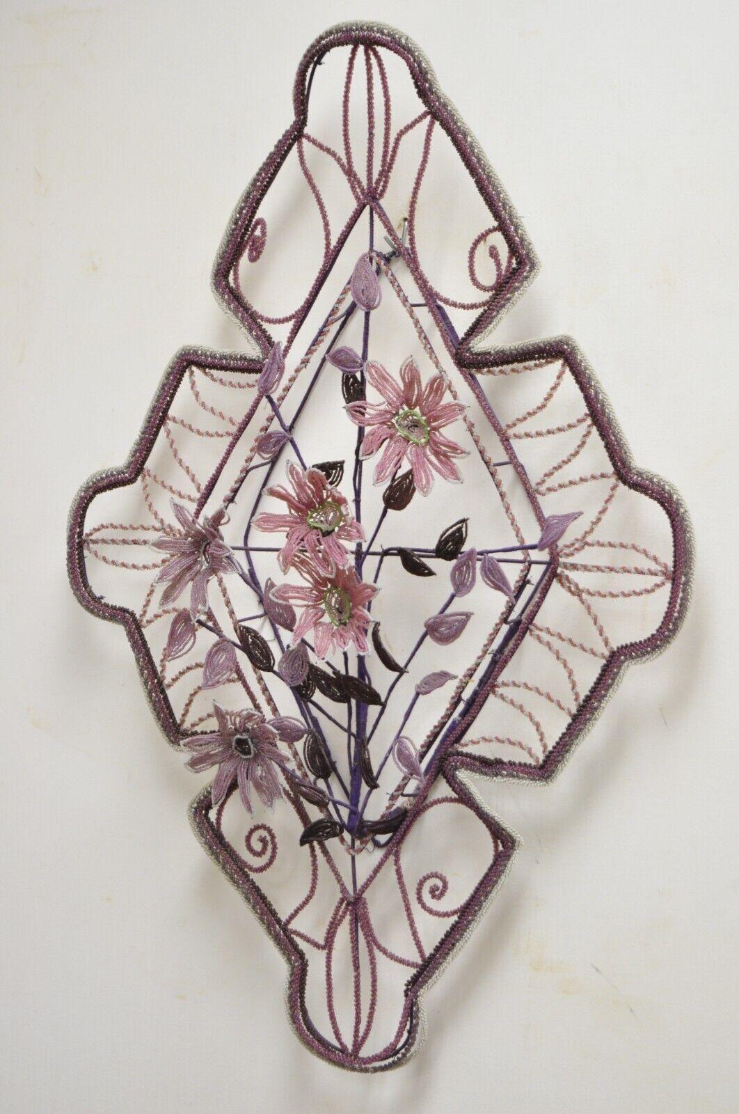 French Victorian glass beaded purple flower casket wreath wall sculpture (B). Item featured hand beaded in France with glass beads with impressive flower detail, very nice antique item, great style and form. Circa 19th Century. Measurements: 38