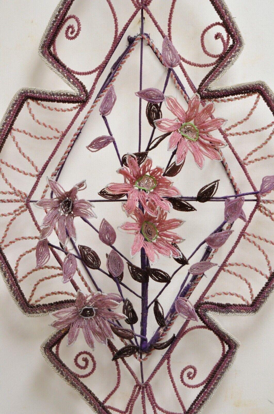 19th Century French Victorian Glass Beaded Purple Flower Casket Wreath Wall Sculpture 'B' For Sale