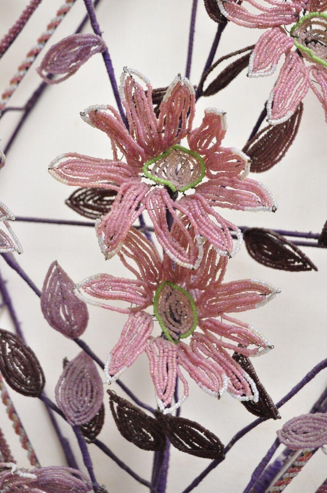 French Victorian Glass Beaded Purple Flower Casket Wreath Wall Sculpture 'B' For Sale 1