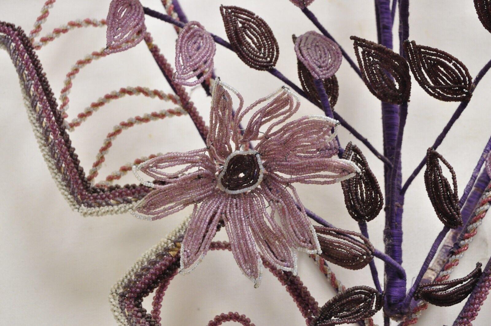 French Victorian Glass Beaded Purple Flower Casket Wreath Wall Sculpture 'B' For Sale 2