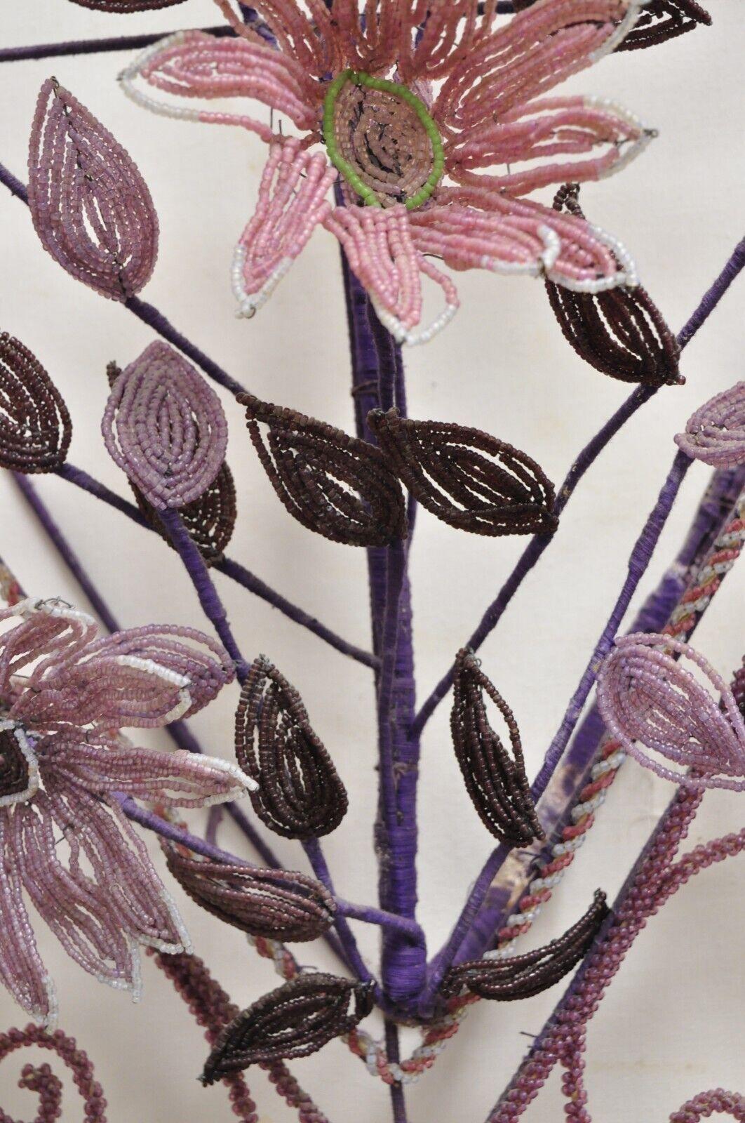 French Victorian Glass Beaded Purple Flower Casket Wreath Wall Sculpture 'B' For Sale 3