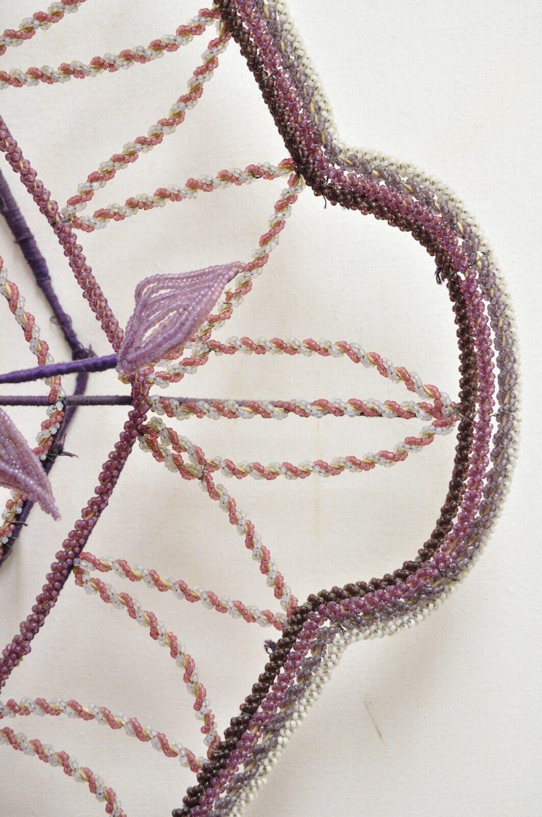 French Victorian Glass Beaded Purple Flower Casket Wreath Wall Sculpture 'B' For Sale 4