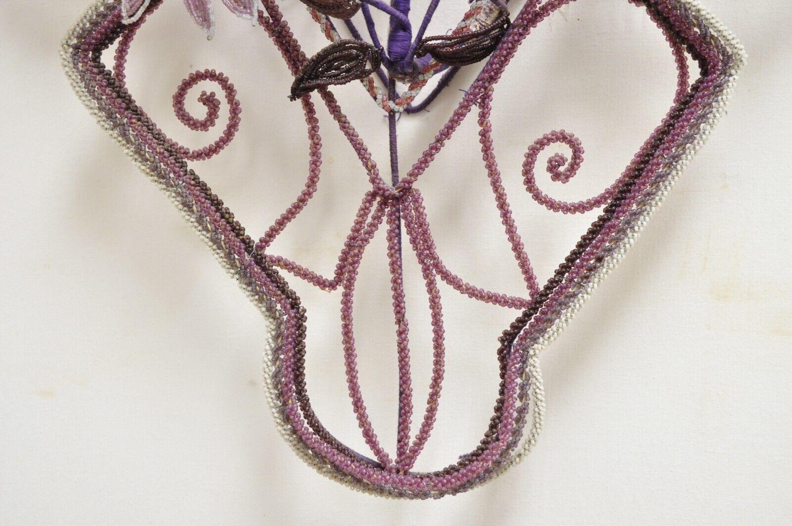 French Victorian Glass Beaded Purple Flower Casket Wreath Wall Sculpture 'B' For Sale 5