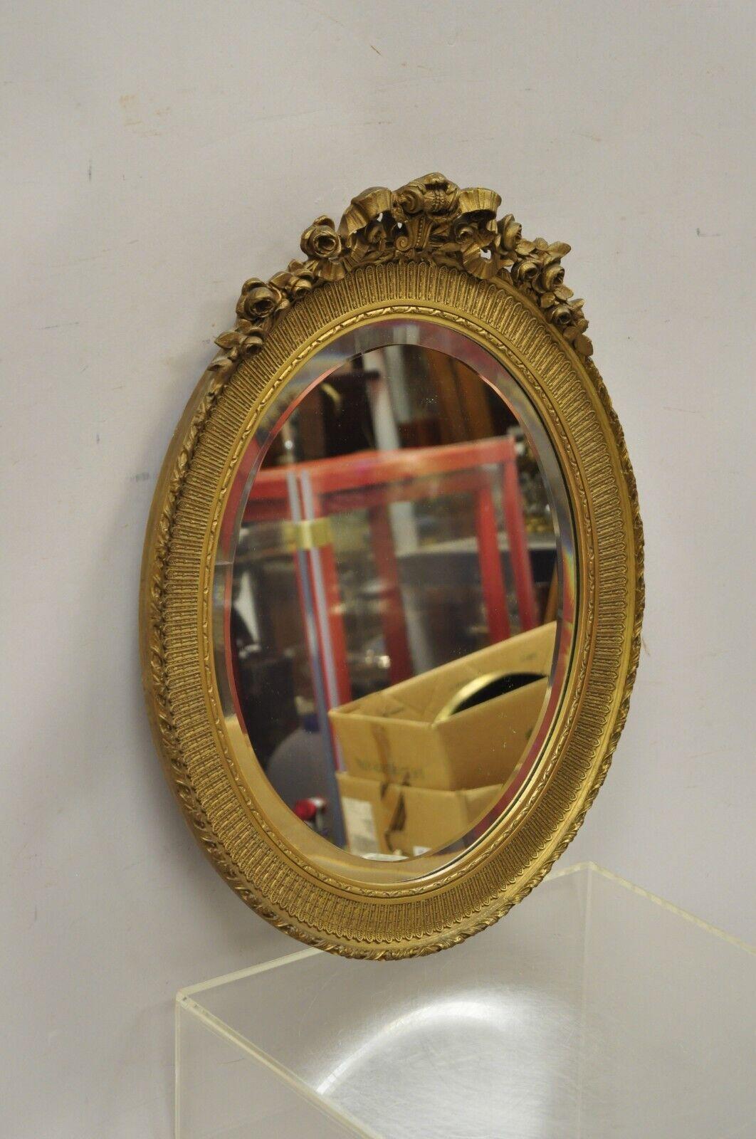 French Victorian Gold Frame Small Oval Bevelled Glass Wall Mirror Rose