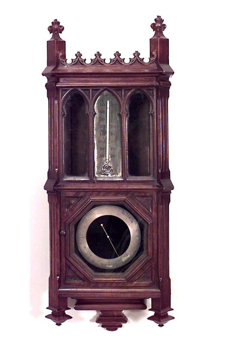 2-Piece French Victorian Gothic Revival (3rd Quarter 19th Century) mahogany barometer/thermometer & wall clock set (Signed L. LEROY & CIE/ 13 & 15 Palais Royal, Paris) (PRICED AS SET) (Not working)
