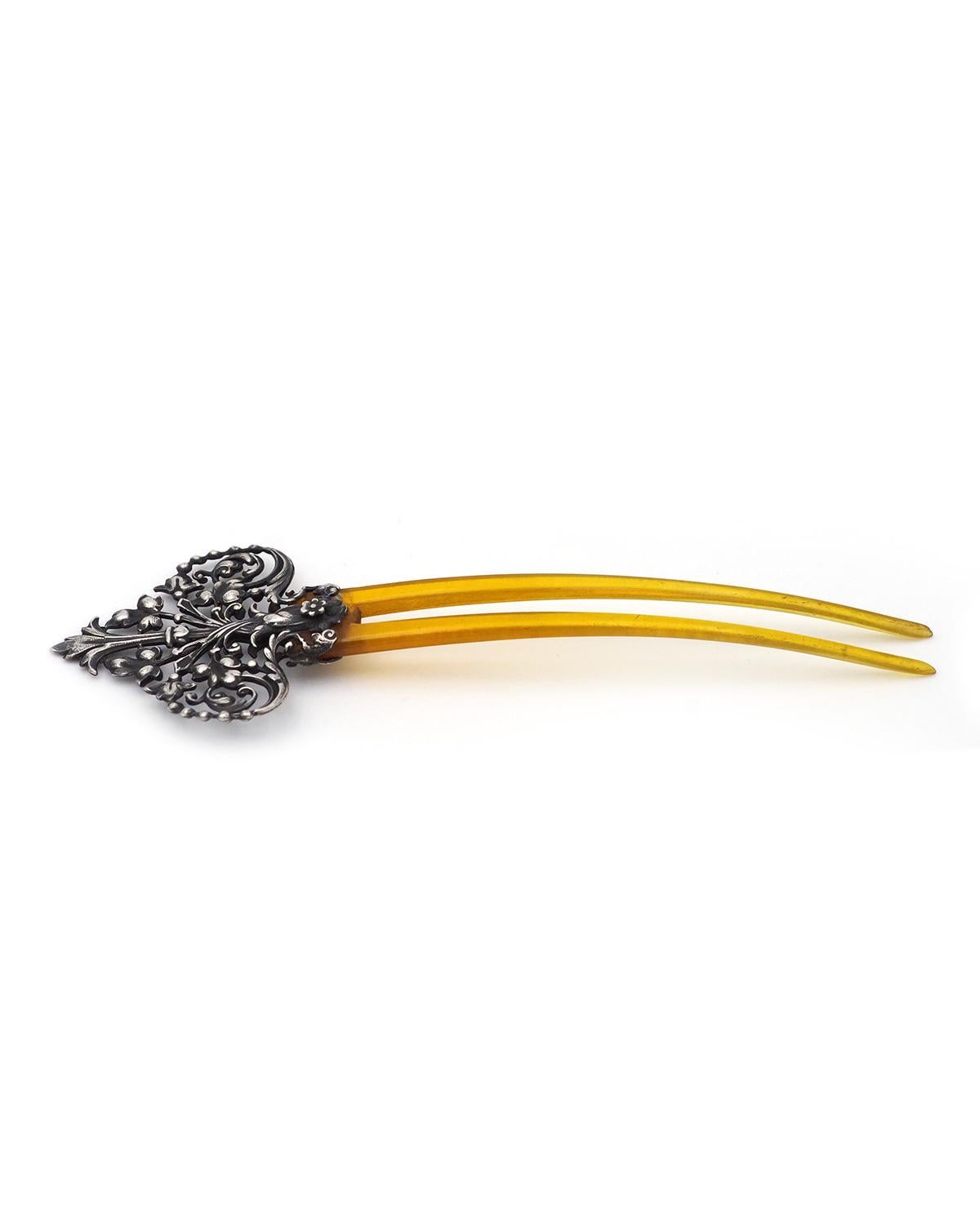Renaissance Revival French Victorian gothic revival naturalist silver bun hair comb For Sale