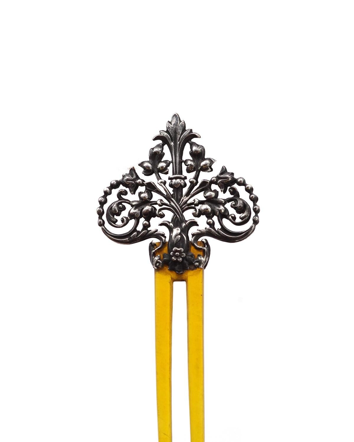 Women's French Victorian gothic revival naturalist silver bun hair comb For Sale