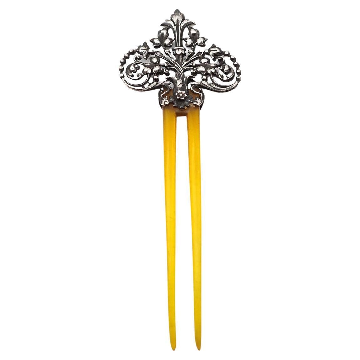 French Victorian gothic revival naturalist silver bun hair comb For Sale