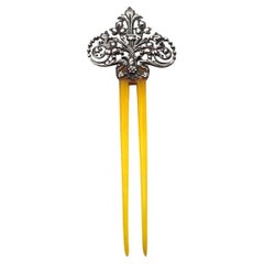Antique French Victorian gothic revival naturalist silver bun hair comb