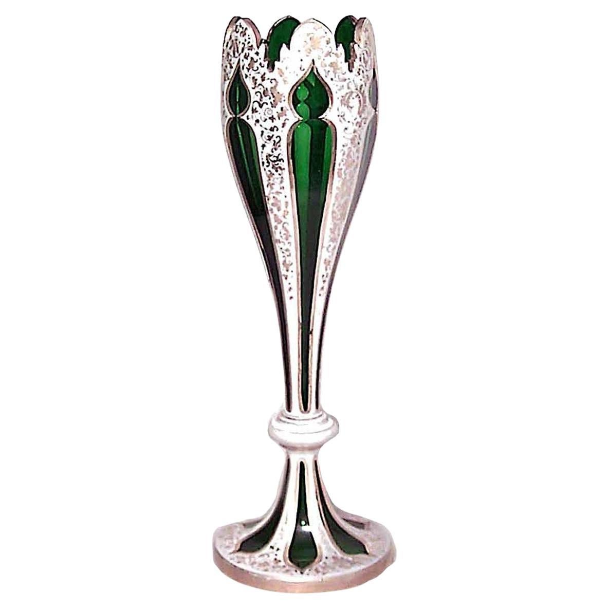 19th Century French Victorian Glass Vase, Green & White Overlay For Sale