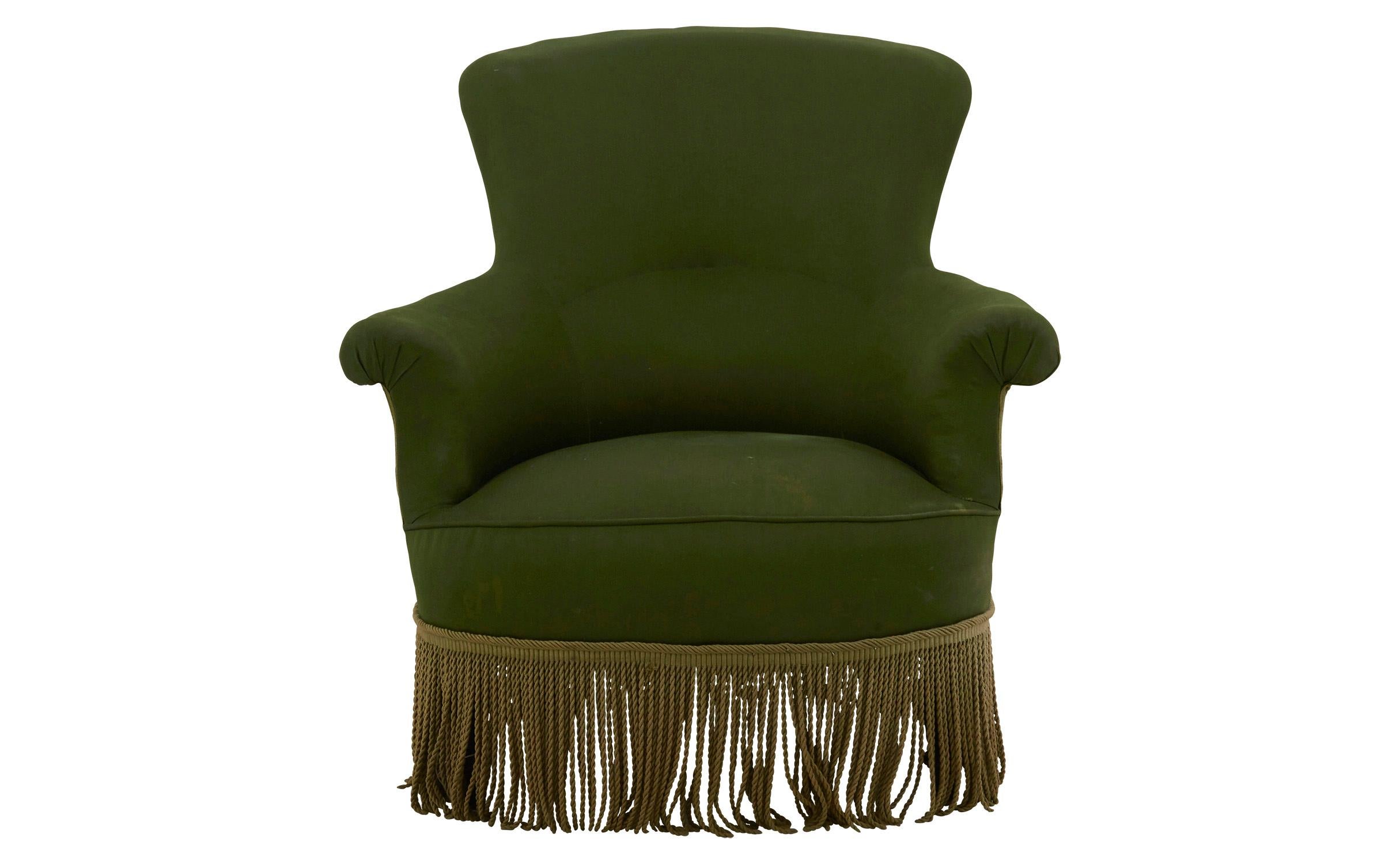 • Green upholstery and matching bullion fringe as found
• Late 19th century
• France

Dimensions:
• 30.5