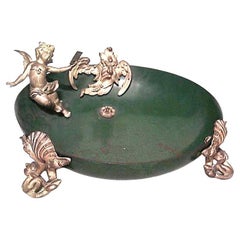French Victorian Green Metal Bowl with Cupid Figures Antique French Victorian Green Metal Bowl with Cupid Figures