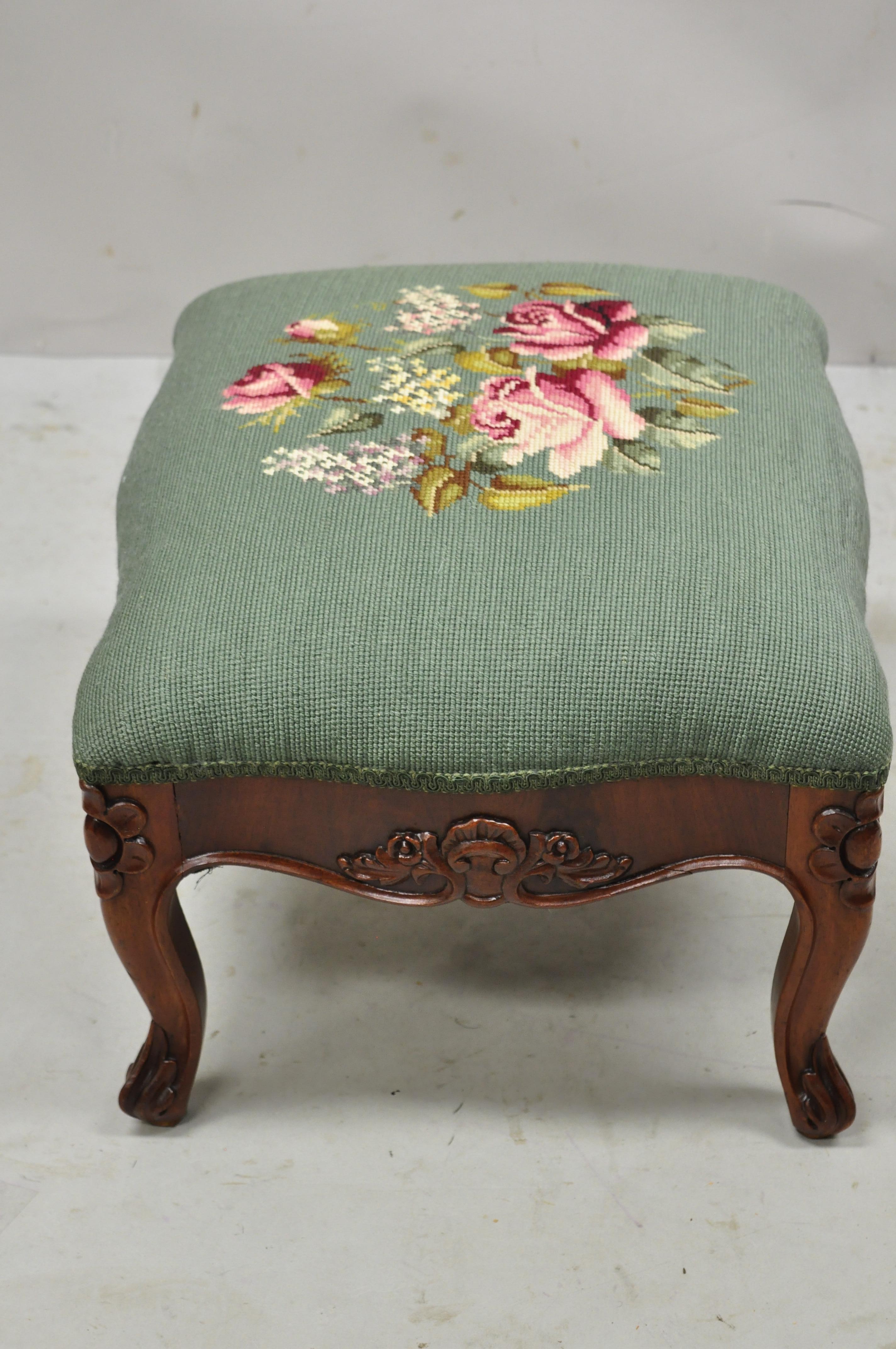 French Victorian Green Needlepoint Pink Flower Mahogany Small Ottoman Footstool 2
