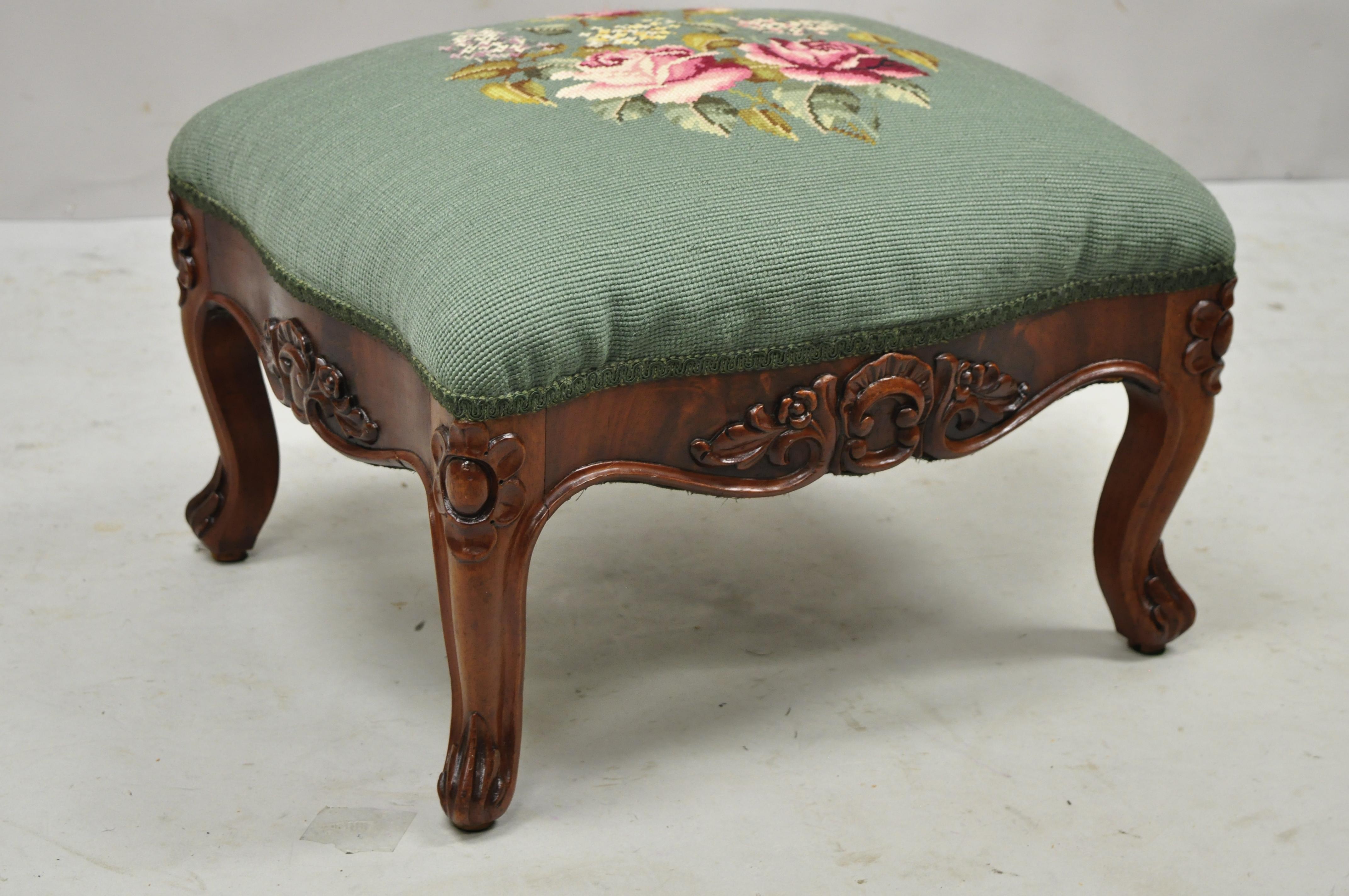 French Victorian Green Needlepoint Pink Flower Mahogany Small Ottoman Footstool 3