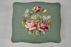 French Victorian Green Needlepoint Pink Flower Mahogany Small Ottoman Footstool