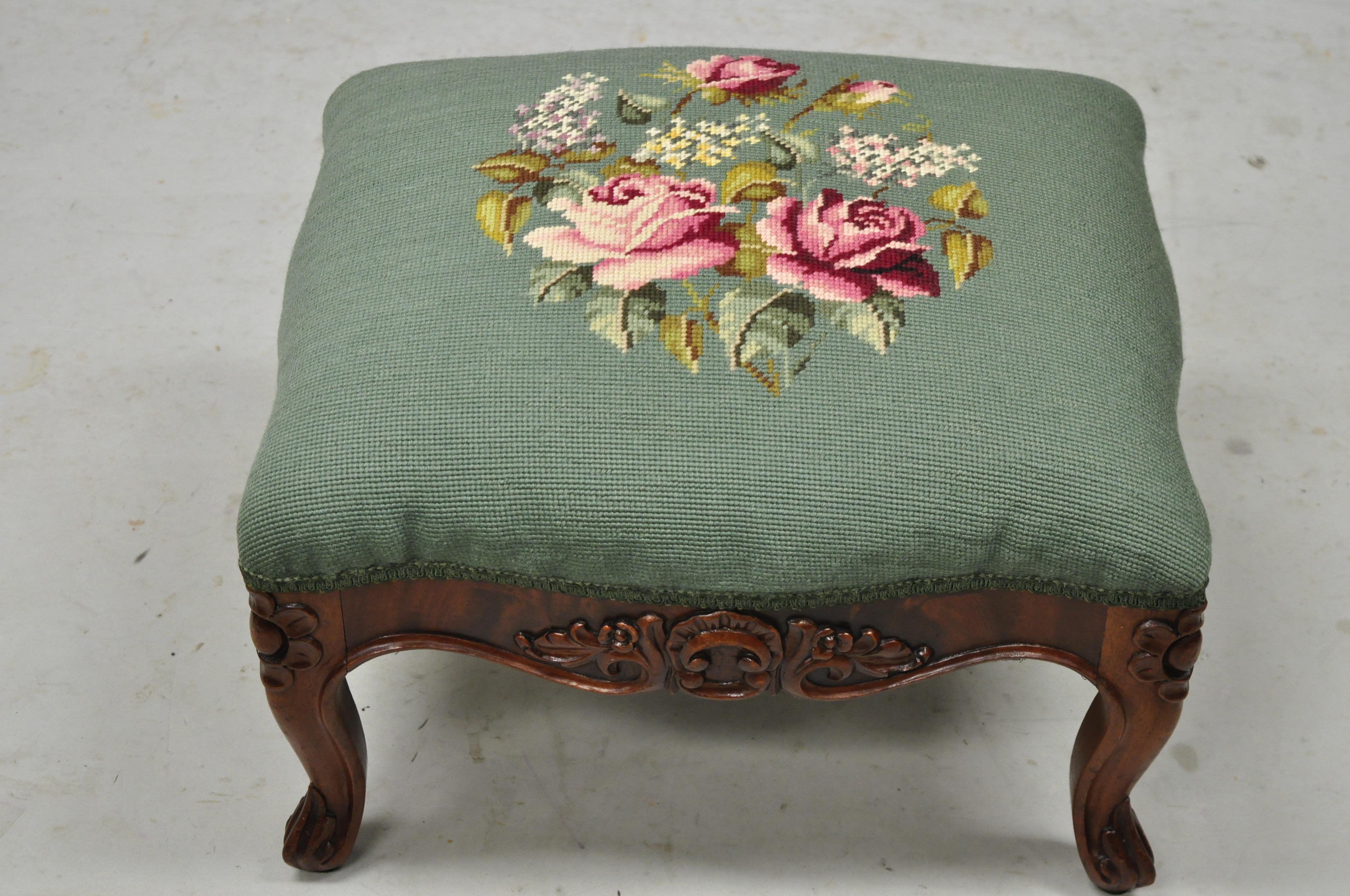 Fabric French Victorian Green Needlepoint Pink Flower Mahogany Small Ottoman Footstool