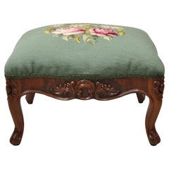 French Victorian Green Needlepoint Pink Flower Mahogany Small Ottoman Footstool
