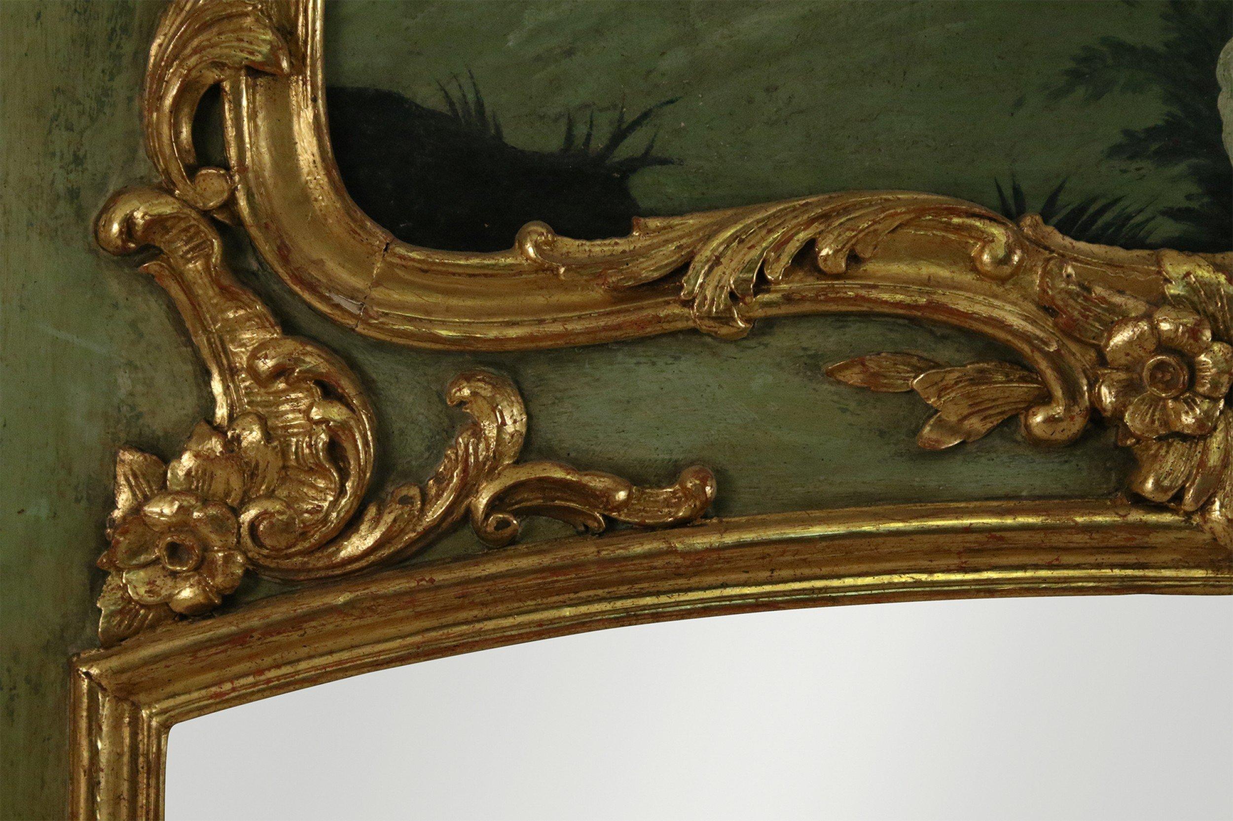 French Victorian Green Painted and Gilt Wood Chinoiserie Scene Trumeau Wall For Sale 7