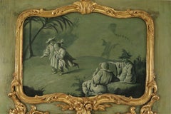 French Victorian Green Painted and Gilt Wood Chinoiserie Scene Trumeau Wall