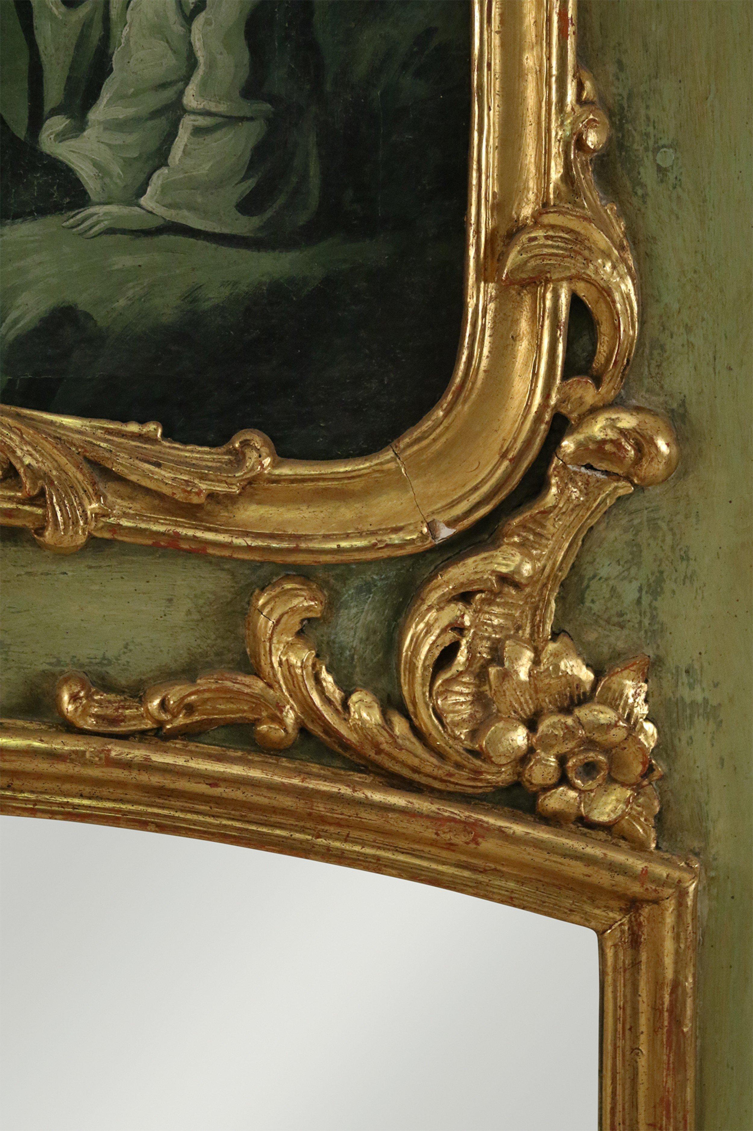 Carved French Victorian Green Painted and Gilt Wood Chinoiserie Scene Trumeau Wall For Sale