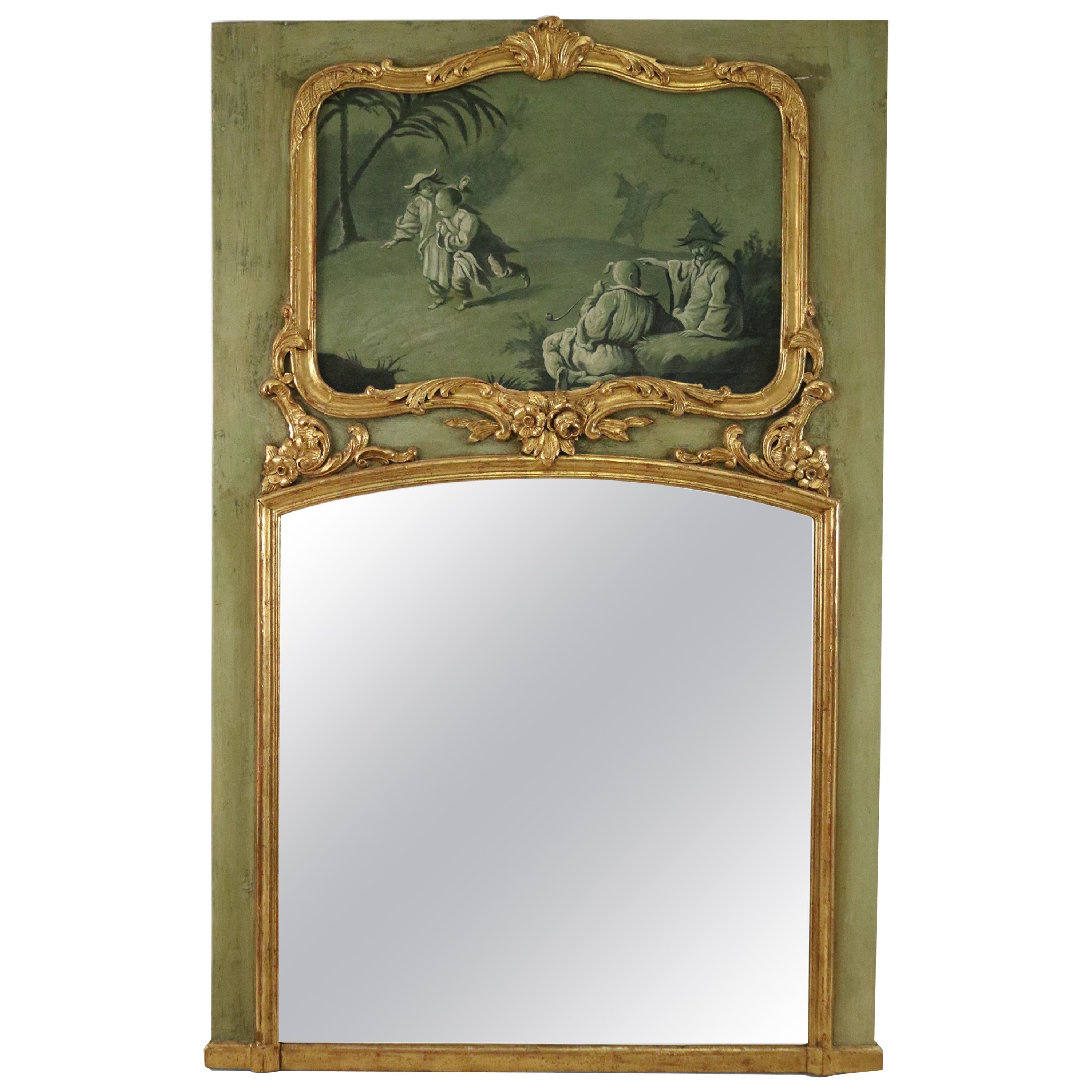 French Victorian Green Painted Chinoiserie Scene Trumeau Wall Mirror