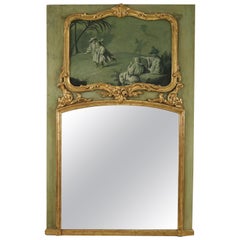 Antique French Victorian Green Painted Chinoiserie Scene Trumeau Wall Mirror