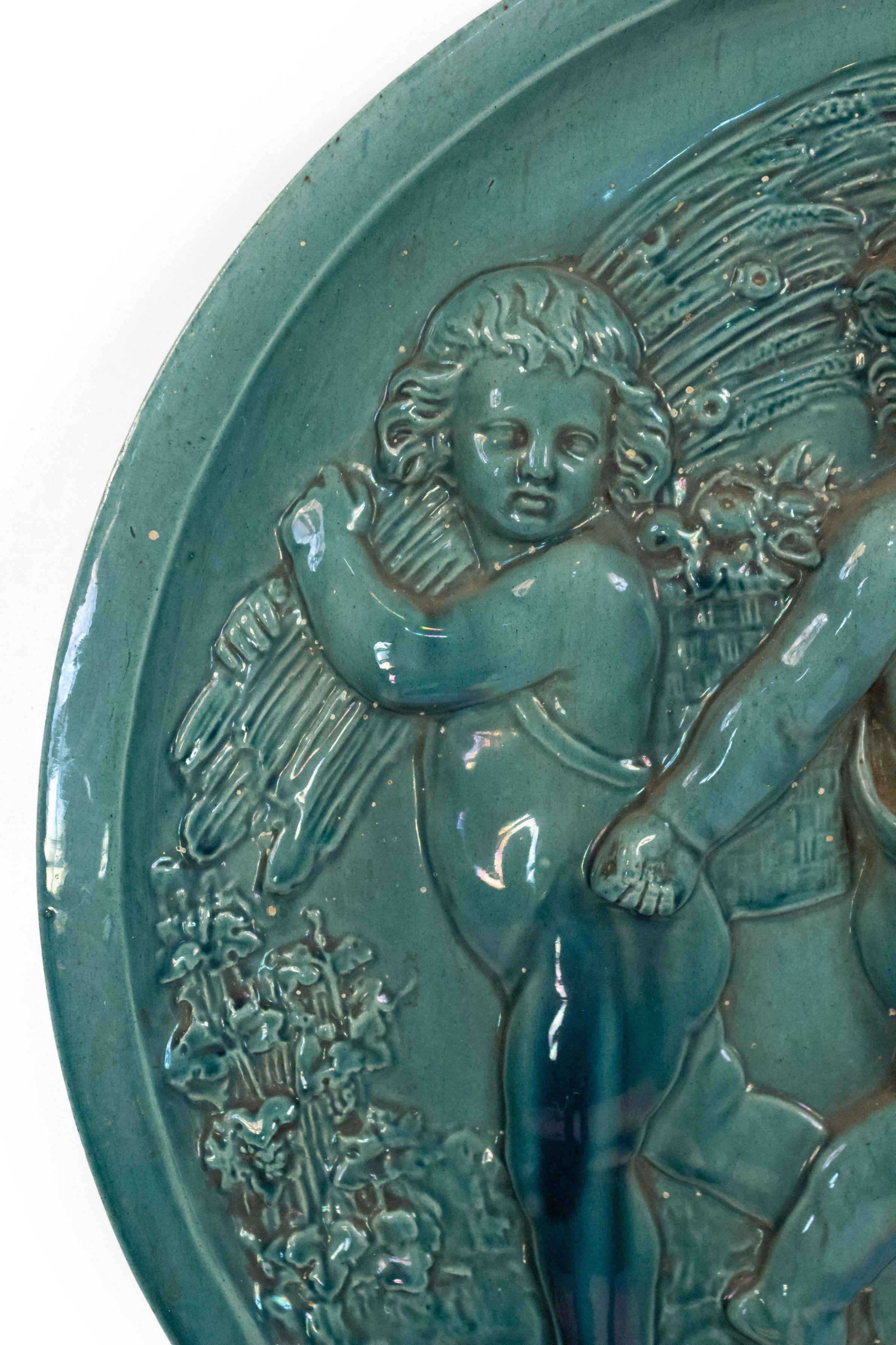 French Victorian Green Porcelain Cupid Wall Plaque In Good Condition For Sale In New York, NY