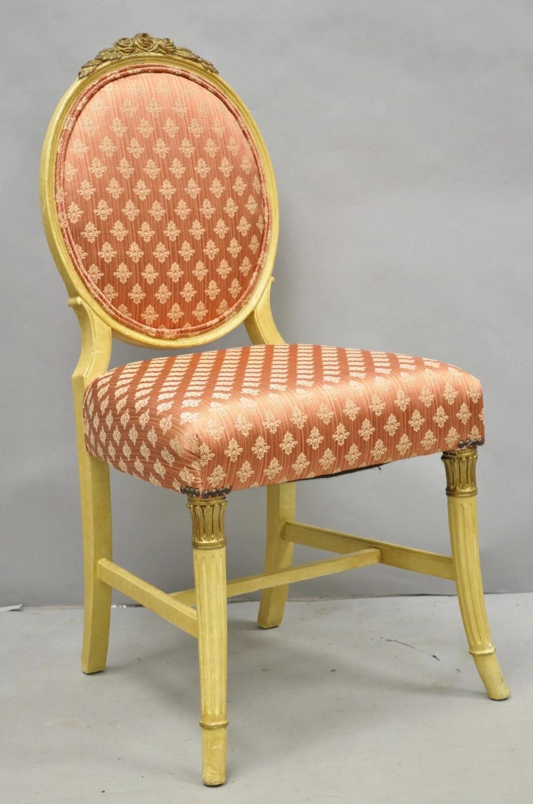 French Victorian Hollywood Regency Cream Paint Rose Carved Pink Side Chair For Sale 6